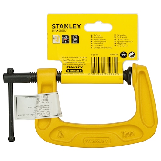 STANLEY 0-83-033 yellow G clamp 3in, 75mm, front view on white background with packaging.