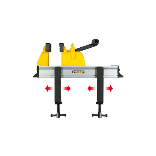 STANLEY 0-83-179 portable workbench clamp, yellow and black, photography, front angle on white background.