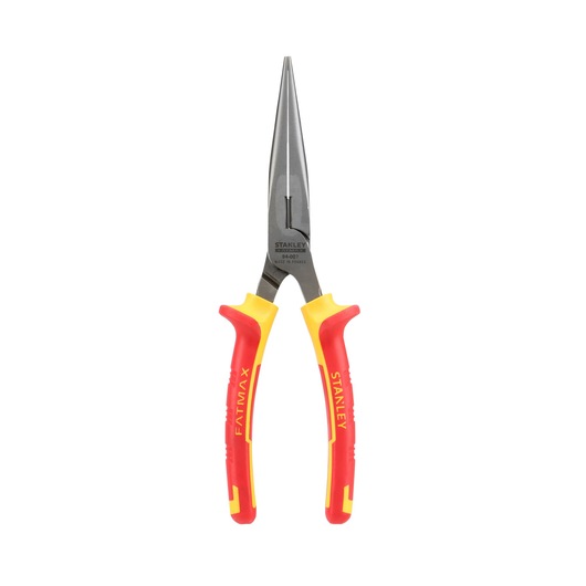 Stanley insulated long nose pliers with red and yellow handles, suitable for precise gripping and cutting.