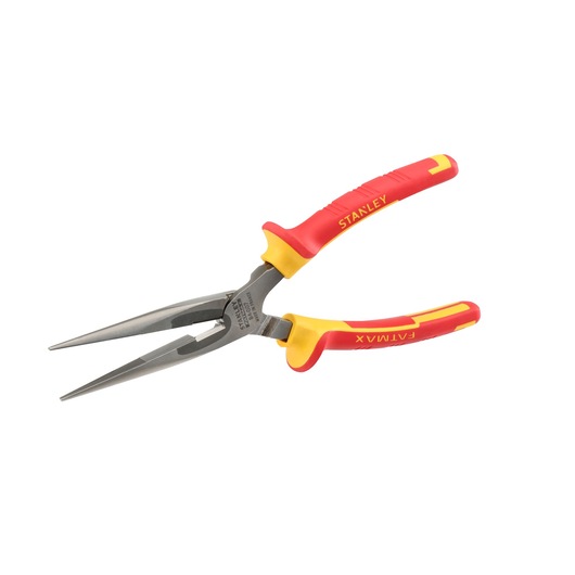 Stanley insulated long nose pliers with red and yellow handles, shown against a white background.