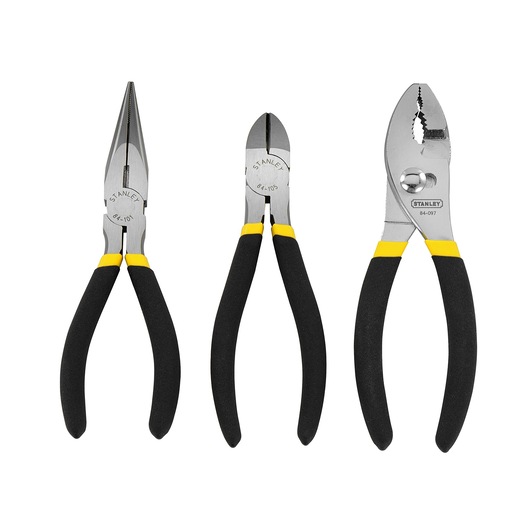 Three STANLEY pliers with black and yellow handles, displayed vertically against a white background.