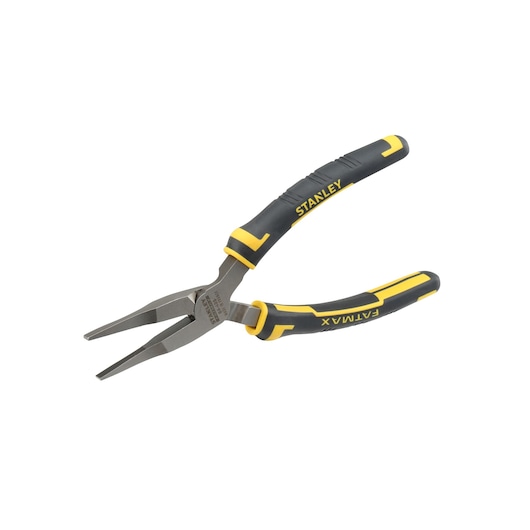 Stanley FatMax long nose pliers with black and yellow insulated grips, suitable for precise gripping and cutting tasks.