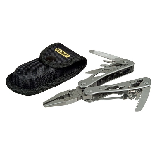 STANLEY 0-84-519 multi-tool with open pliers and black fabric pouch, front angle on white background.