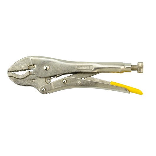 Metal locking pliers with curved jaws and yellow grip, shown on a white background.