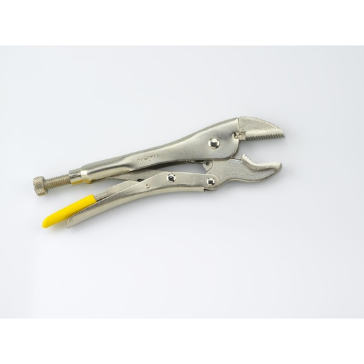 Metal locking pliers with serrated jaws and yellow handle grip are shown on a white background.
