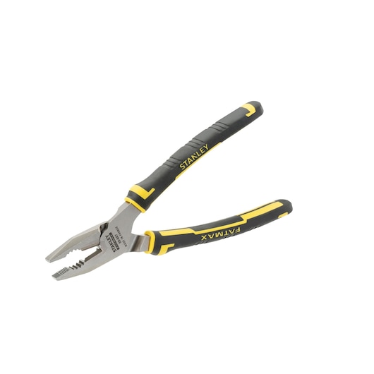 Stanley pliers with black and yellow handles, angled open, isolated on white background.