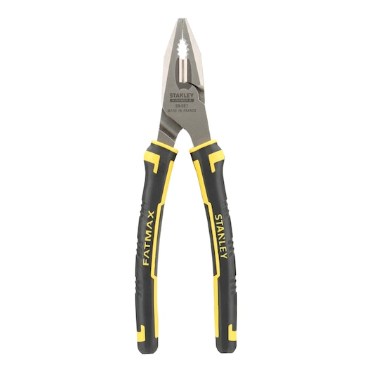 Stanley FatMax combination pliers with black and yellow handles, suitable for gripping and cutting tasks.