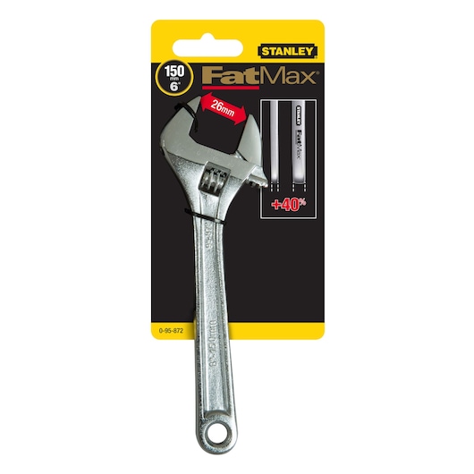 STANLEY 0-95-872 FatMax adjustable wrench in packaging, 150mm length, silver, front angle.