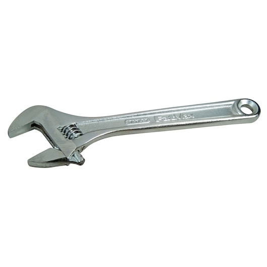 STANLEY 0-95-874 adjustable wrench, silver metal tool, side angle on white background.
