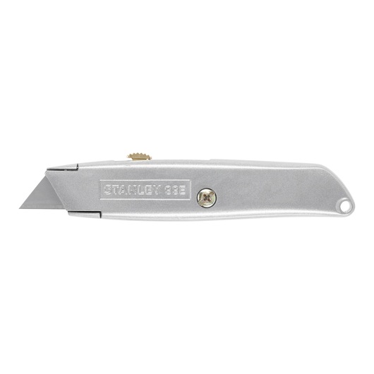 Photo of STANLEY 1-10-099 silver utility knife, side view, with retractable blade and screw for opening.