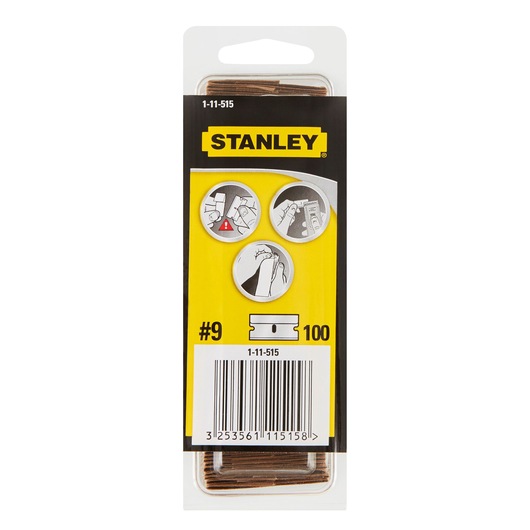 STANLEY 1-11-515 pack of #9 utility blades, 100 count, product shown in front view with clear packaging.