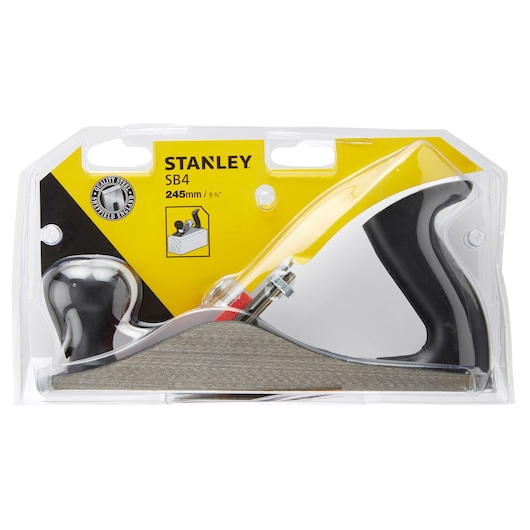 Stanley 1-12-034 SB4 hand plane in clear plastic packaging, black handle, photography front angle.