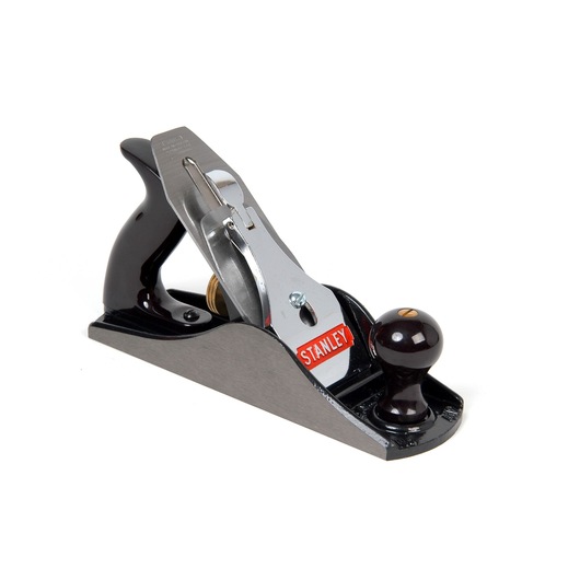 STANLEY 1-12-045 bench hand plane with black handle and front knob, side angle on white background.