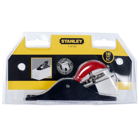 STANLEY 1-12-102 block plane in packaging, front angle, red and silver tool visible.