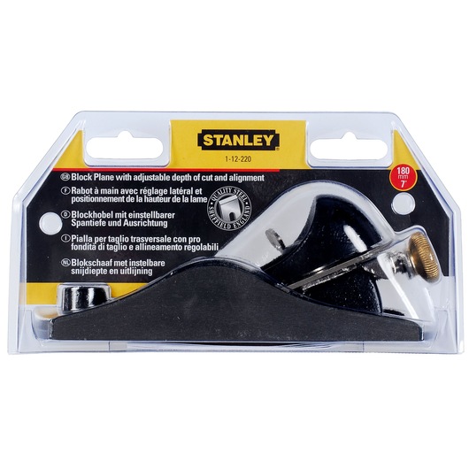 STANLEY 1-12-220 block plane in retail packaging, black with adjustable depth, photographed front angle.