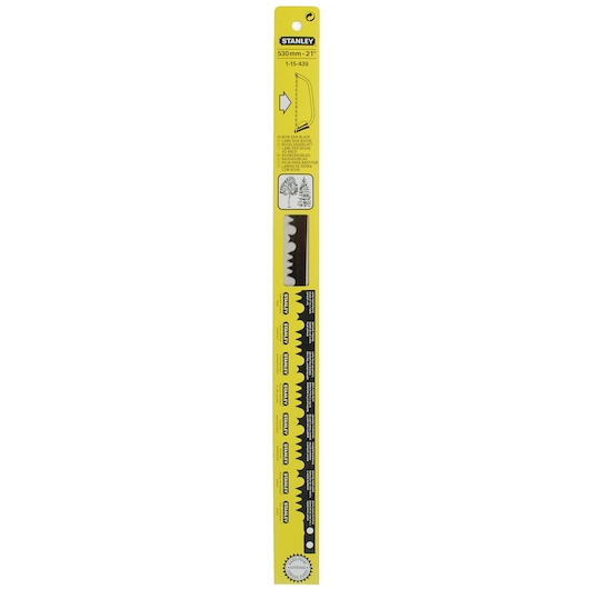 STANLEY 1-15-439 bow saw blade in yellow packaging, front view, showing tooth profile for wood cutting.