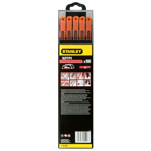 STANLEY 1-15-907 hacksaw blade pack, 32 TPI, 300mm, black and yellow packaging, rear view on white.