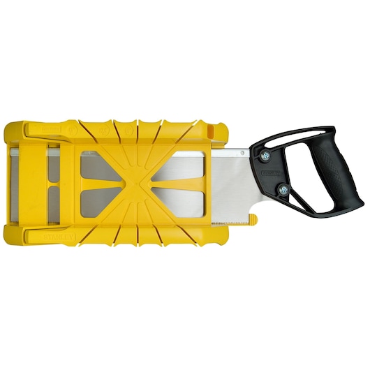 Stanley yellow mitre box and saw set with black handle, designed for precise angled wood cutting.
