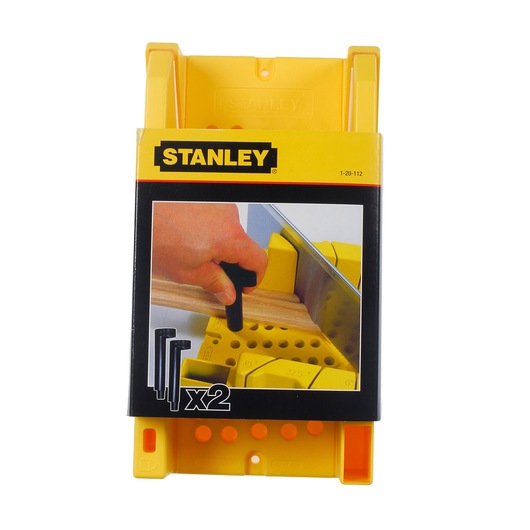 STANLEY 1-20-112 yellow mitre box front angle photography, with illustrated cutting use, two packs.