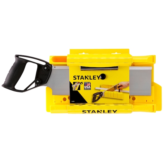 Stanley 1-20-600 photography of yellow miter box with black saw, front angle on white background.