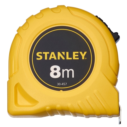 Photo of STANLEY 1-30-457 yellow 8m tape measure front view, black circular label with yellow text.