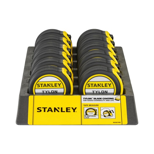 Photo of STANLEY 1-30-696 tape measures in yellow and black display tray, front angle.