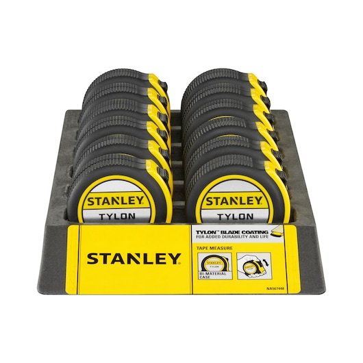 STANLEY 1-30-697 tape measure set, front angle, yellow and black design, in display tray.
