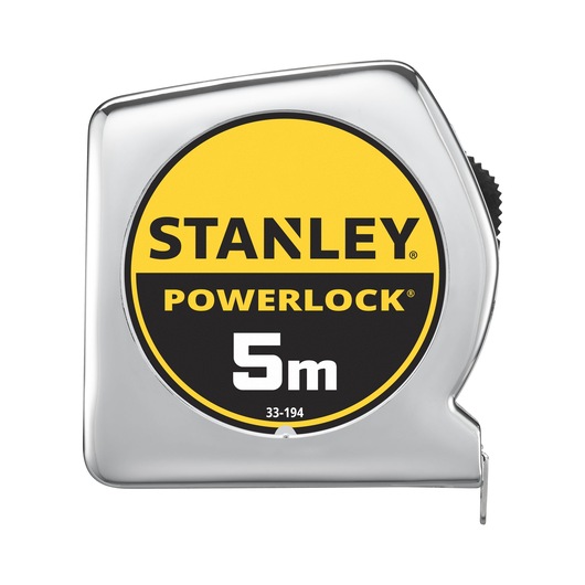 STANLEY 1-33-194 tape measure, PowerLock series, 5m length, chrome case, front angle on white background.