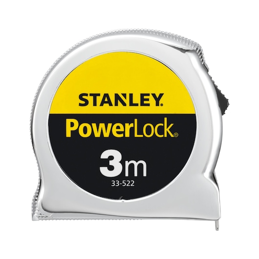 STANLEY 1-33-522 tape measure, 3m, PowerLock series, yellow and black label, front angle, white background.