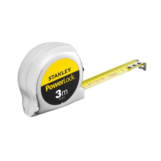 STANLEY 1-33-522 PowerLock tape measure, 3m, yellow blade, angled view, photography on white background.
