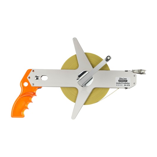 STANLEY 1-34-478 open reel measuring tape with orange handle, product photography, top view.