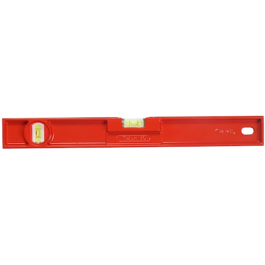 Red spirit level tool with two bubble vials for measuring horizontal and vertical alignment.
