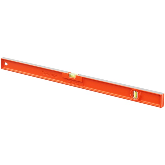 STANLEY 1-42-254 orange spirit level with two bubble vials, side view on white background.