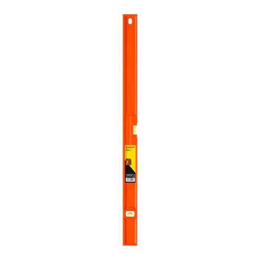 Photo of STANLEY 1-42-254 orange spirit level, front view on white background, featuring two vials for leveling.