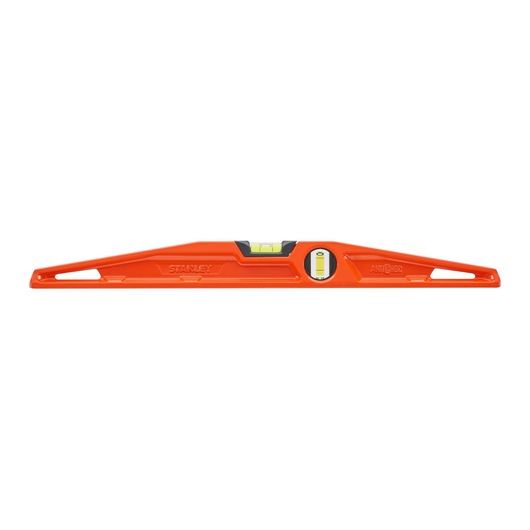 STANLEY 1-42-313 orange spirit level with two vials, front angle on white background.