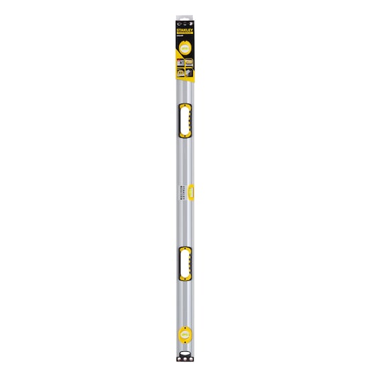 STANLEY 1-43-549 spirit level, silver with yellow accents, photographed vertically on white background.