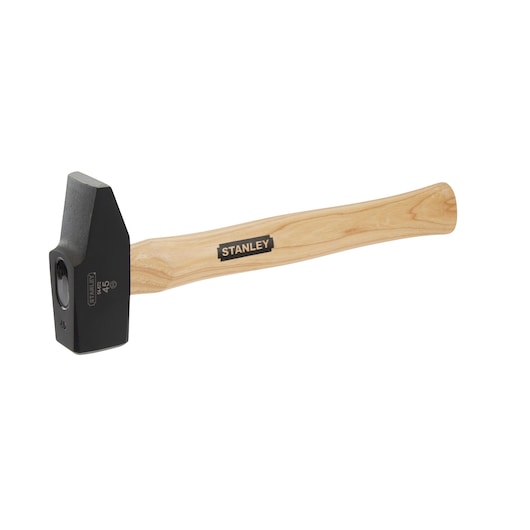 Photo of STANLEY 1-54-672 blacksmith hammer with natural wood handle, side angle, white background.
