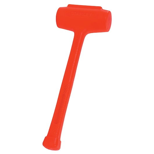 STANLEY 1-57-550 bright orange dead blow hammer, textured handle, front angle, white background.