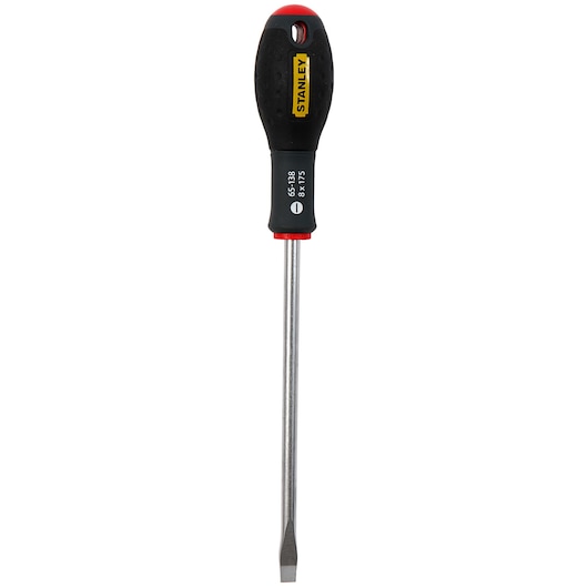 STANLEY 1-65-138 flathead screwdriver with black and red handle, front angle, photography product.