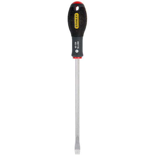 STANLEY 1-65-139 slotted screwdriver with black and yellow handle, front view on white background.