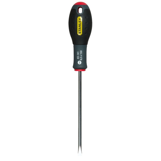 STANLEY 1-65-141 slotted screwdriver with black ergonomic handle, front view, on white background.