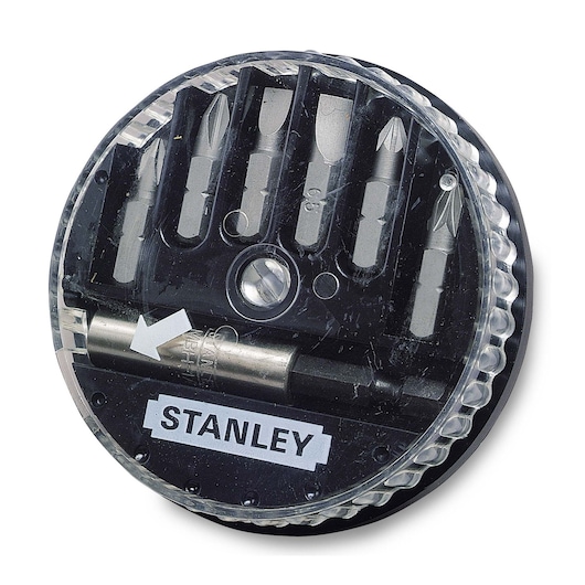 Round STANLEY box with six assorted screwdriver bits and adapter inside clear plastic cover.