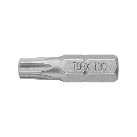 STANLEY 1-68-843 silver Torx T30 screwdriver bit, side view, on white background.