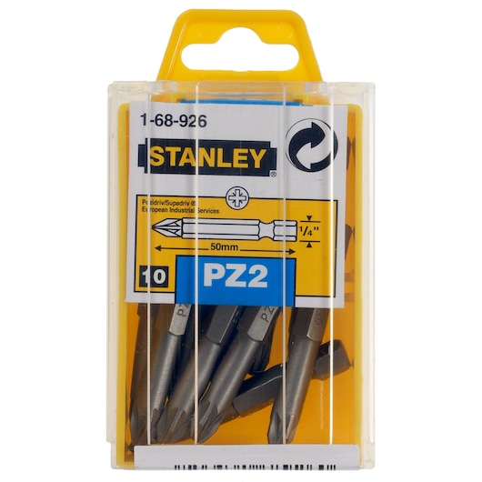STANLEY 1-68-926 photography of PZ2 50mm screwdriver bits set in clear plastic case, front angle.