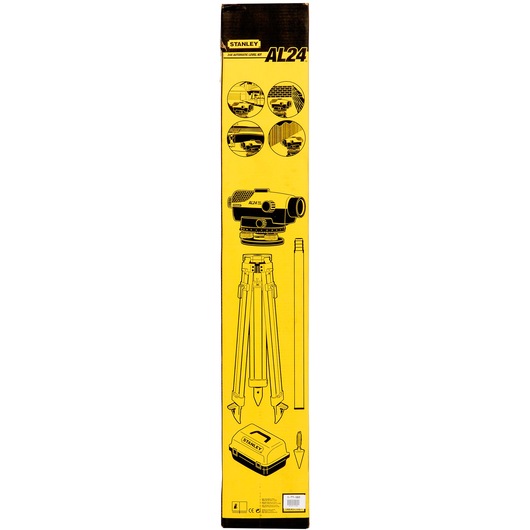 Photo of STANLEY 1-77-160 photography kit box with illustrations of level, tripod, rod, and case, front angle.
