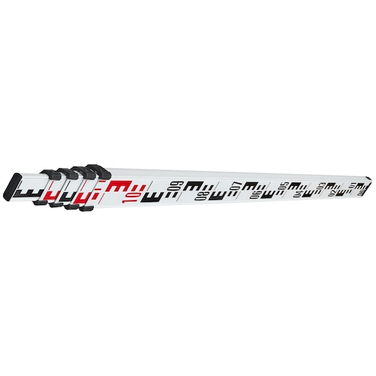 STANLEY 1-77-161 telescopic aluminum leveling staff, photography, white with black and red markings, side view