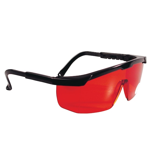STANLEY 1-77-171 safety glasses with black frame and red lens, side view on white background.