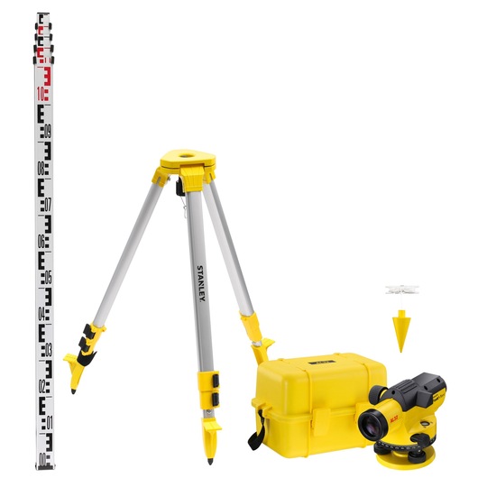 Photo of STANLEY 1-77-245 surveying kit with tripod, leveling staff, optical level, yellow case, and plumb bob.