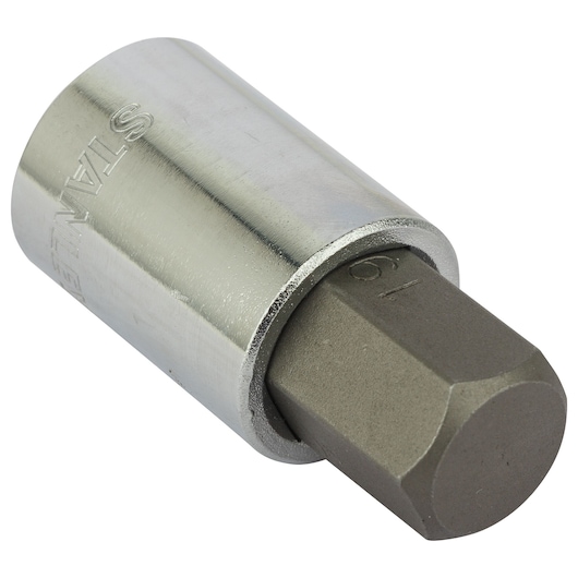 STANLEY 1-89-099 hex bit socket, chrome finish, side angle on white background.