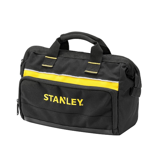 STANLEY 1-93-330 tool bag, black fabric with yellow stripe, front angle on white background.